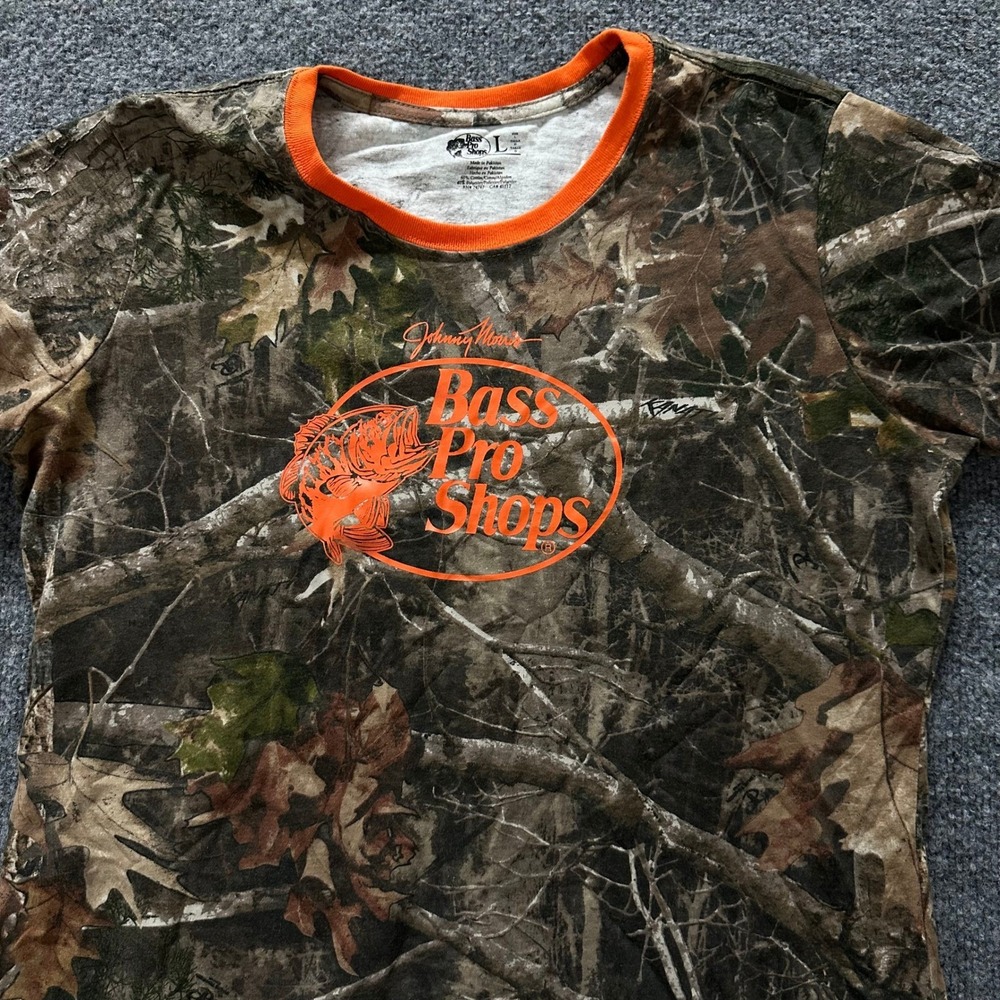 Bass Pro Shops T-Shirt Womens Size L Camo Orange Ringer Graphic Logo Tee Cotton